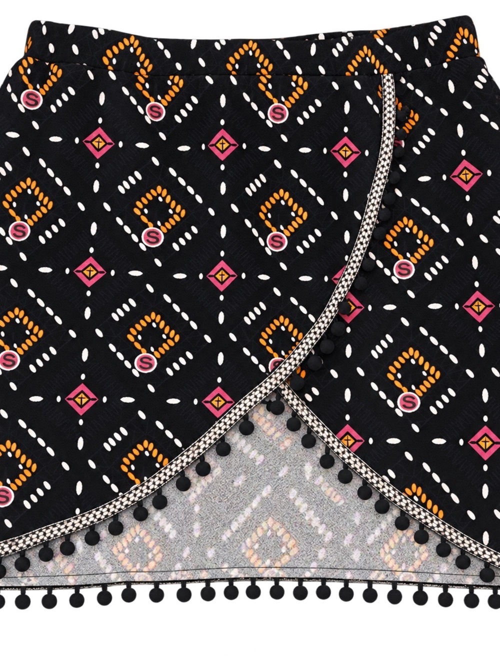 SHEIN Black Skort with Orange and Pink Geometric Print and Pom Pom Trim